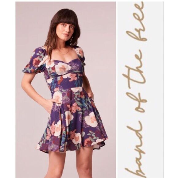 BOG - 🎉HPx2 🎉 BAND OF THE FREE - NWT Aimee Purple/Cream Floral Puff-Sleeve Mini - Picture 1 of 16